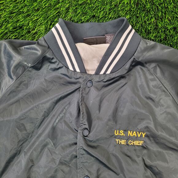 Vintage Y2K US-Navy Satin Bomber Jacket XL 26x27 Boxy NAVY Chief - Picture 10 of 16